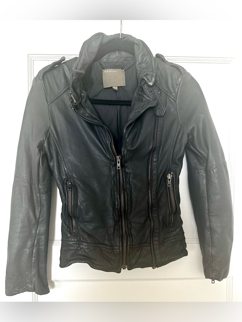 Muubaa Women Leather Biker Jacket - Dark Grey